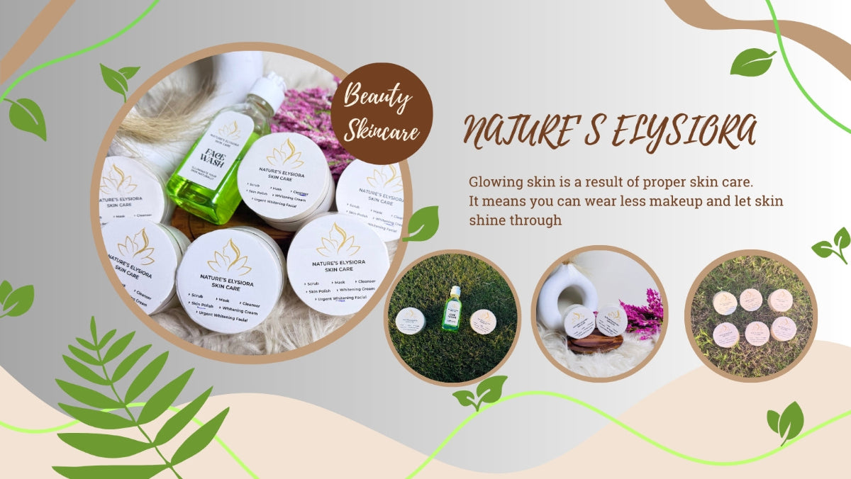 Skincare products with nature-themed design and text about skincare.
