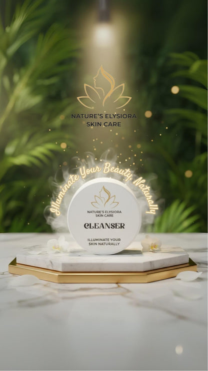 Nature's Elysiora skin care product with a glowing effect on a green leafy background