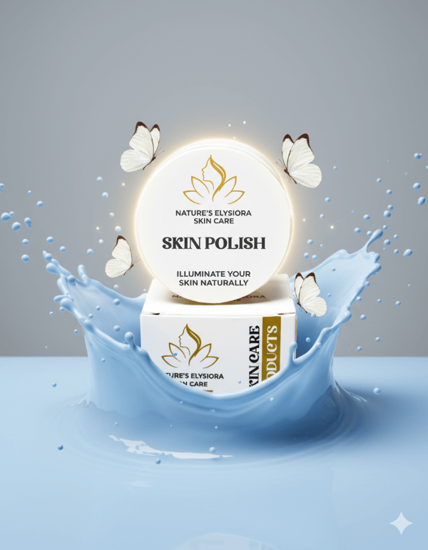 Nature's Elysiora Skin Care Skin Polish product with water splash and butterflies on a gray background