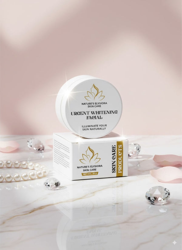 Nature's Elyora skin care product on a marble surface with decorative elements.