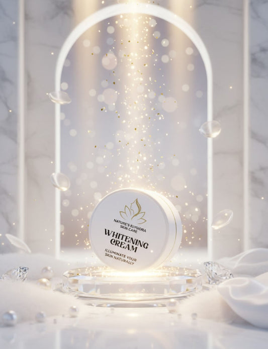 Whitening cream jar on a decorative stand with lights and snowflakes