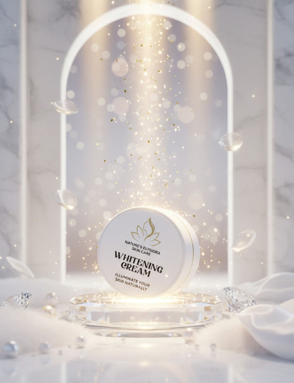 Whitening cream jar on a decorative stand with lights and snowflakes