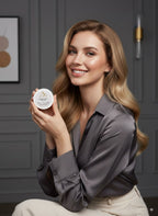 Woman holding a jar of cream against a gray wall