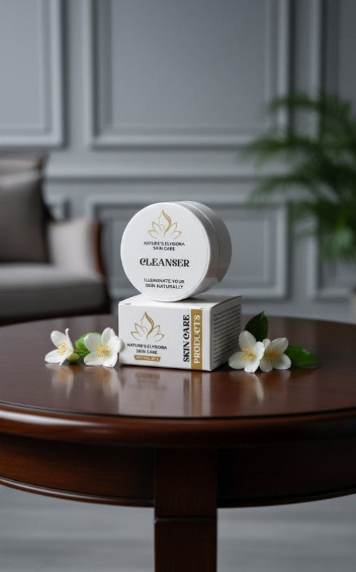 Skincare products on a wooden table with flowers and a neutral background