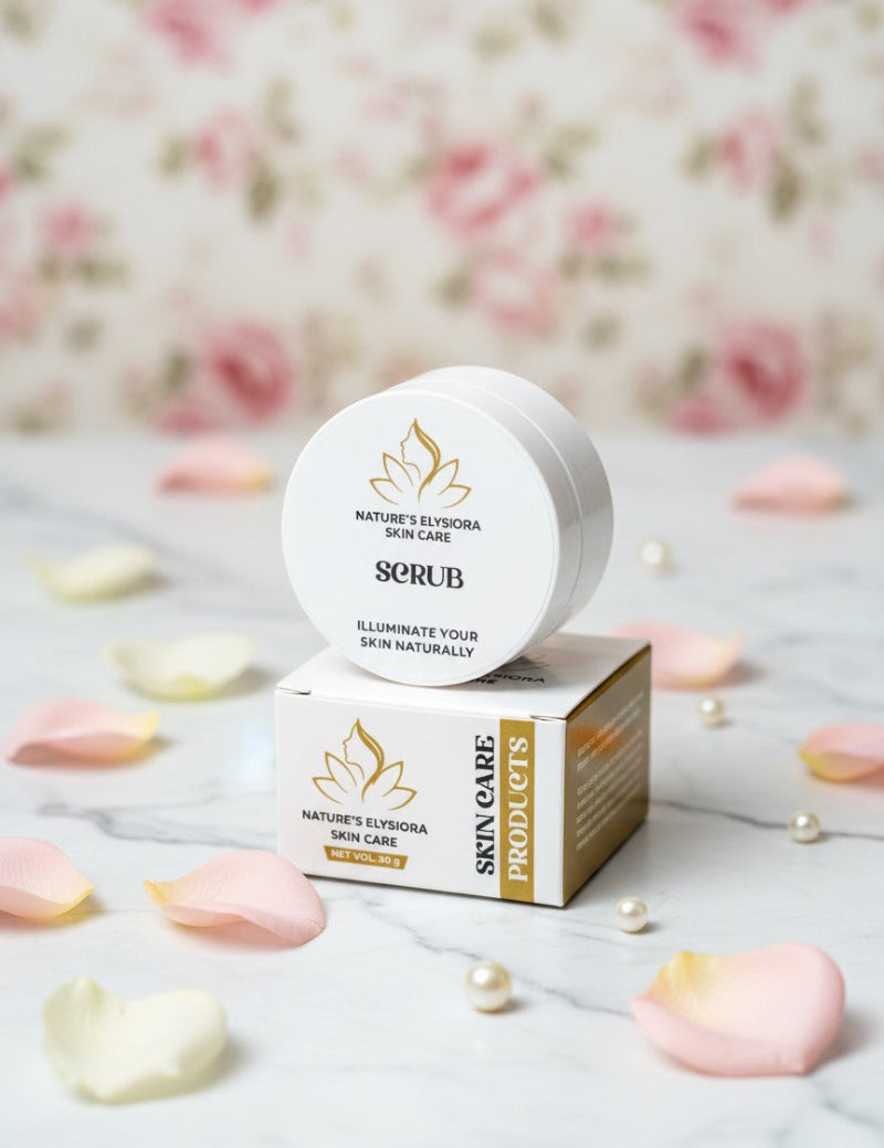 Skincare scrub with packaging on a marble surface with flower petals
