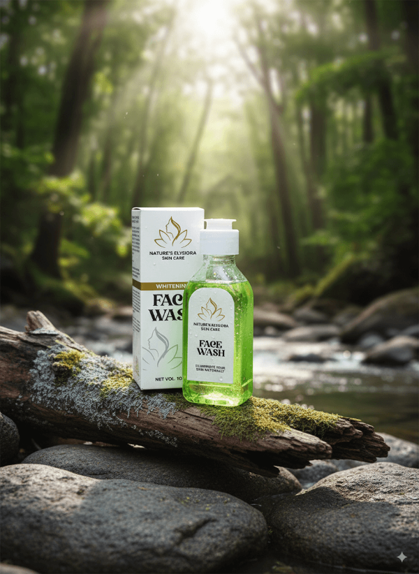 Nature's Essence Face Wash bottle and box on a log with a forest background