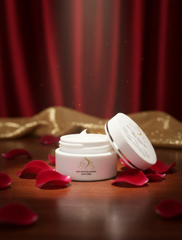 White skincare jar with red petals on a wooden surface and red curtain background