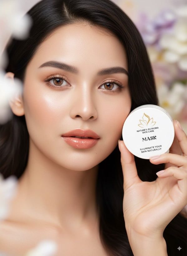 Woman holding a white container labeled 'MASK' against a blurred floral background
