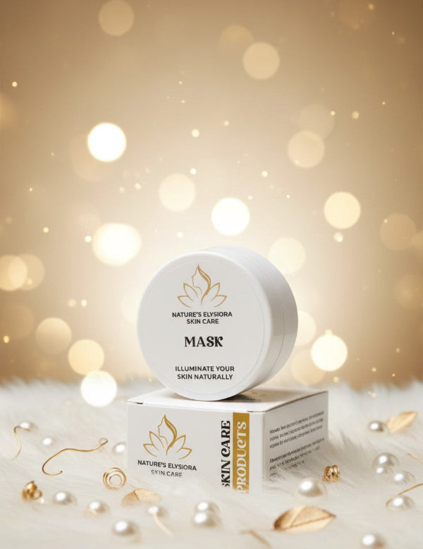 Skincare mask packaging with 'Nature's Elysiora' branding on a soft, blurred background.