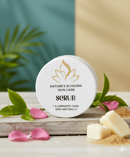 Nature's Elysiora skin care scrub with natural ingredients on a wooden surface.