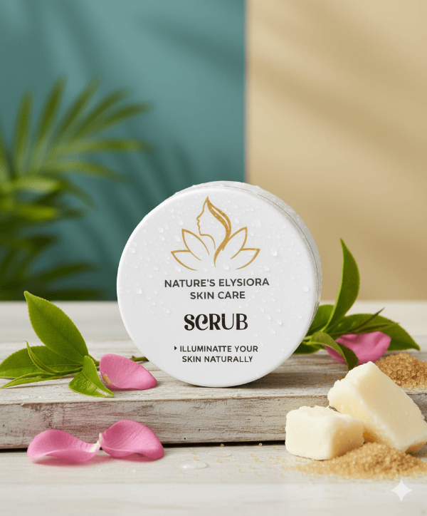 Nature's Elysiora skin care scrub with natural ingredients on a wooden surface.